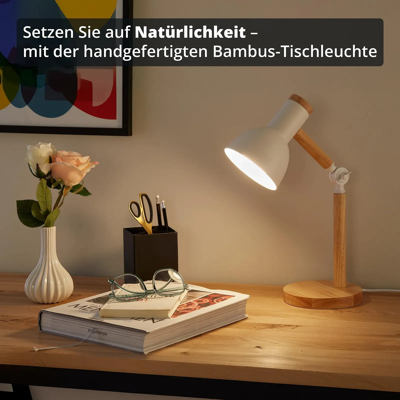 Настільна лампа KHG Бамбук Метал E27 42 см Біла, фото №2