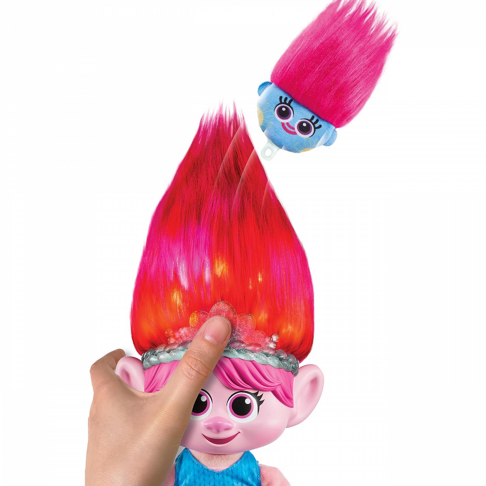 Плюшева іграшка Mattel Dreamworks Trolls Together Strong-Hairy Surprise Queen Poppy зі світловими ефектами та звуками, включає шпильки для волосся та браслет дружби, рожева, 35 см, фото №4