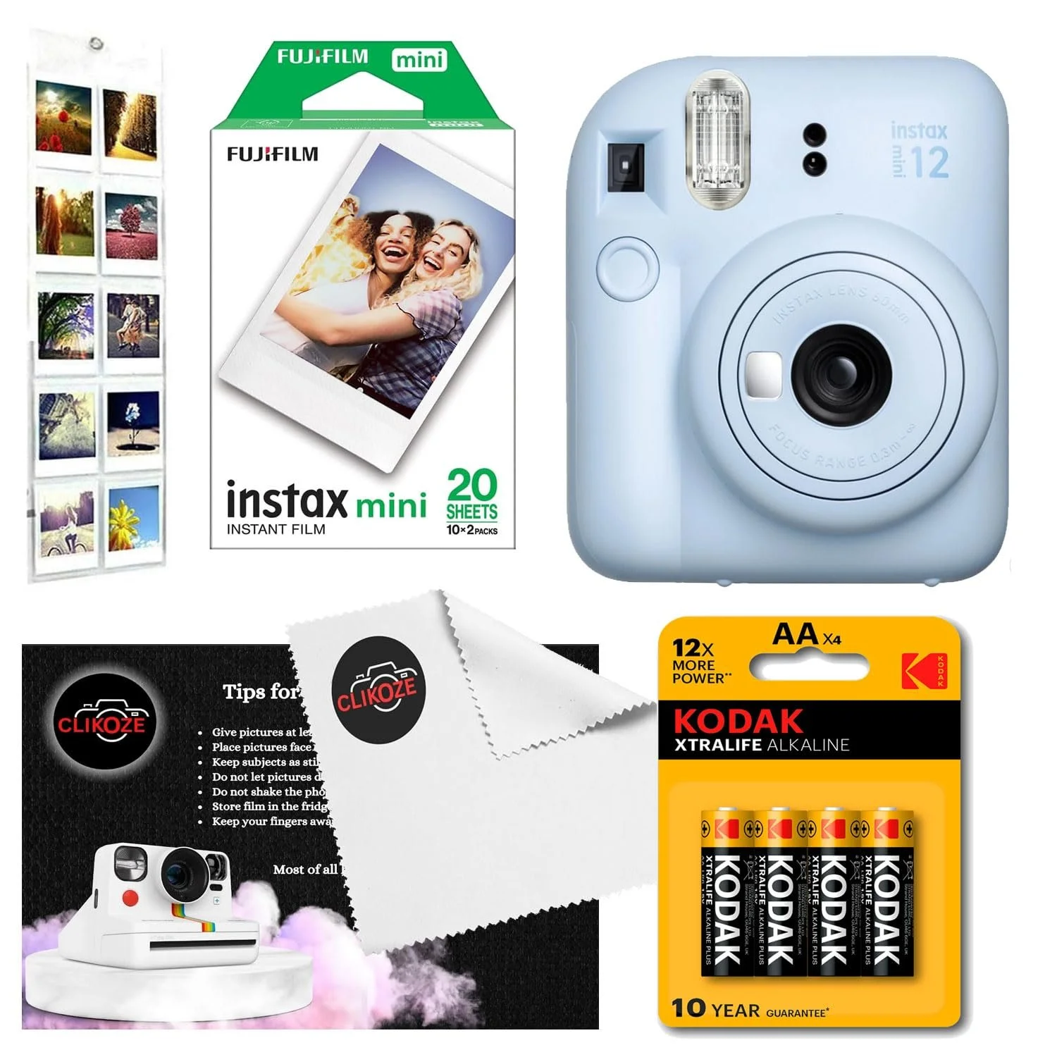 Набор с камерой мгновенной печати Fujifilm Instax Mini 12 20 Shots 4 x AA Batteries Wall Album Lens Cloth Tip Card Pastel Blue, фото №1