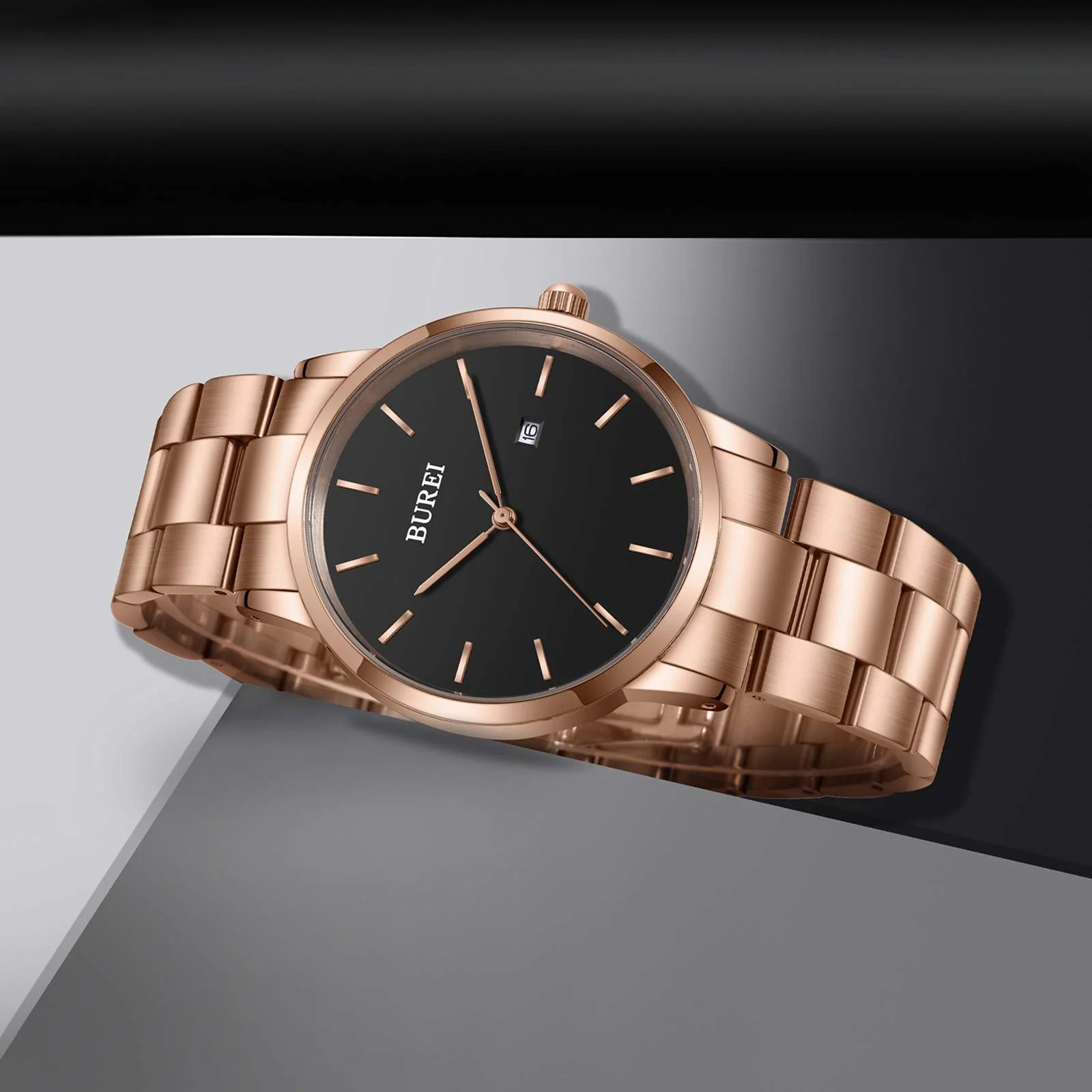 Мужские часы Кварцевые Минималистичные BUREI с датой Браслет из нержавеющей стали 42 мм, Розово-красный, Браслет, фото №6 Мужские часы Кварцевые Минималистичные BUREI с датой Браслет из нержавеющей стали 42 мм, Розово-красный, Браслет, фото №6