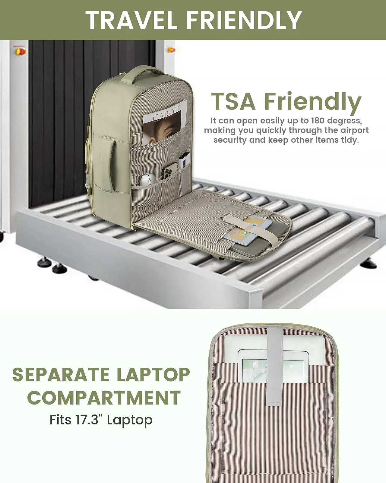 Рюкзак для ноутбука LOVEVOOK Travel 40L 17" 45 x 36 x 20 см Оливково-зелений бежевий, фото №6 Рюкзак для ноутбука LOVEVOOK Travel 40L 17" 45 x 36 x 20 см Оливково-зелений бежевий, фото №6