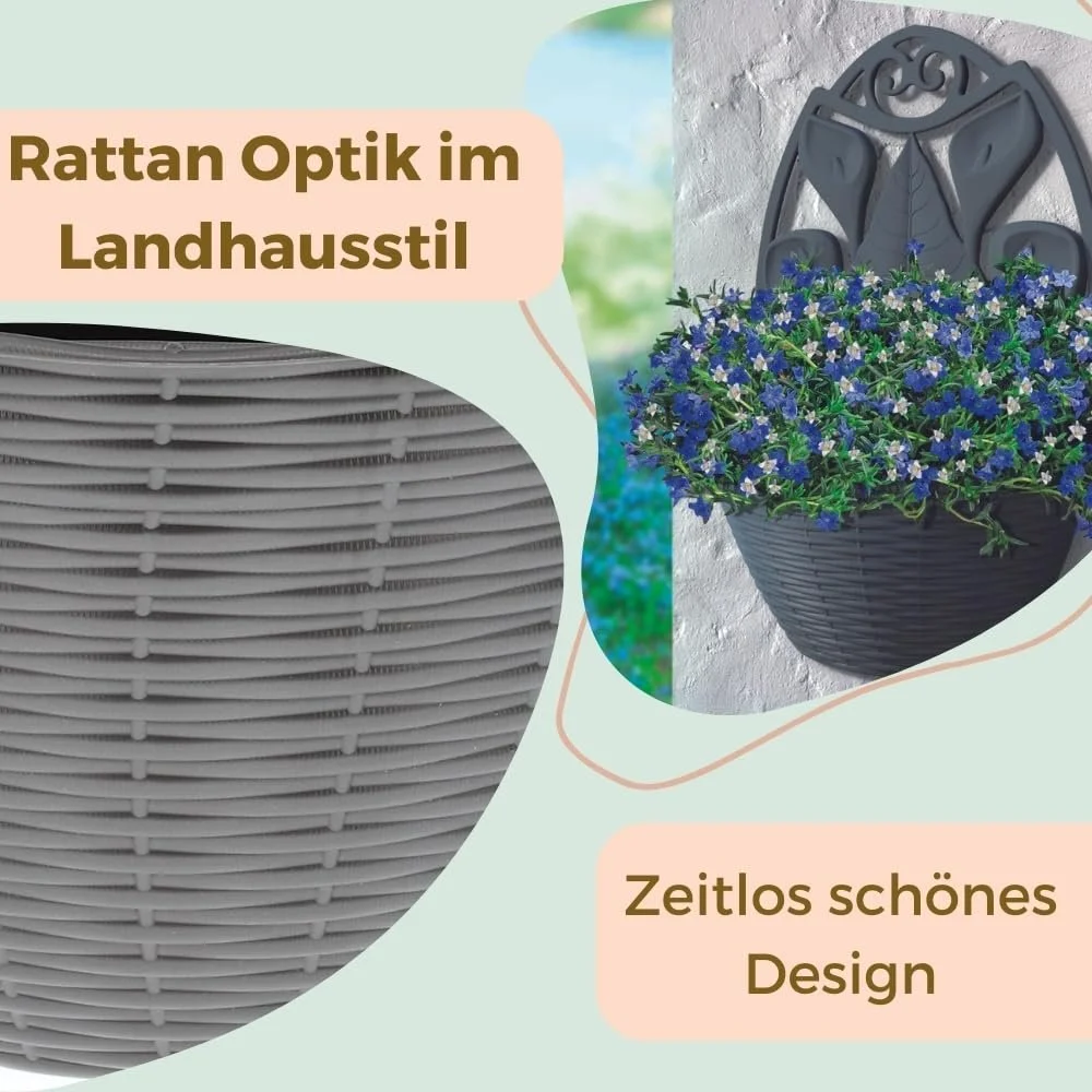 Настінний квітковий горщик GarPet Rattan Look Антрацит Пластиковий під ротанг для вулиці, фото №7