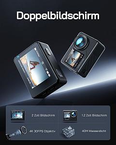 Екшн-камера WOLFANG GA120 4K 20MP WiFi, підводна камера 40 м, 170° ширококутна, з двома екранами, стабілізацією зображення ICE та комплектом аксесуарів для кріплення на шолом synthetic.ua - Фото 1