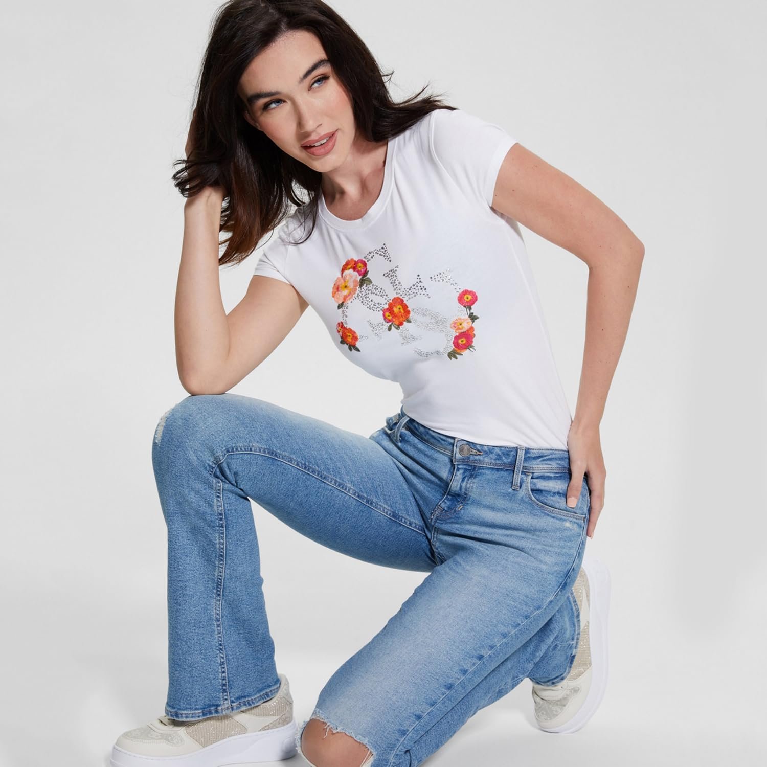 Женская футболка Guess - Flower Quattro Logo R3 - Белая - S, фото №4