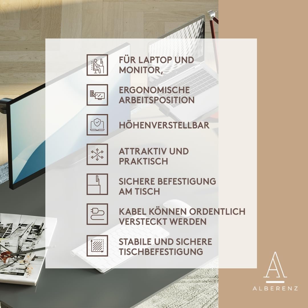 Держатель 2-в-1 для ноутбука и монитора Alberenz Регулируемый двойной кронштейн для ноутбуков 12-17 дюймов и мониторов 17-32 дюйма Эргономичный дизайн Регулируемая высота и наклон Черный, фото №4 Держатель 2-в-1 для ноутбука и монитора Alberenz Регулируемый двойной кронштейн для ноутбуков 12-17 дюймов и мониторов 17-32 дюйма Эргономичный дизайн Регулируемая высота и наклон Черный, фото №4