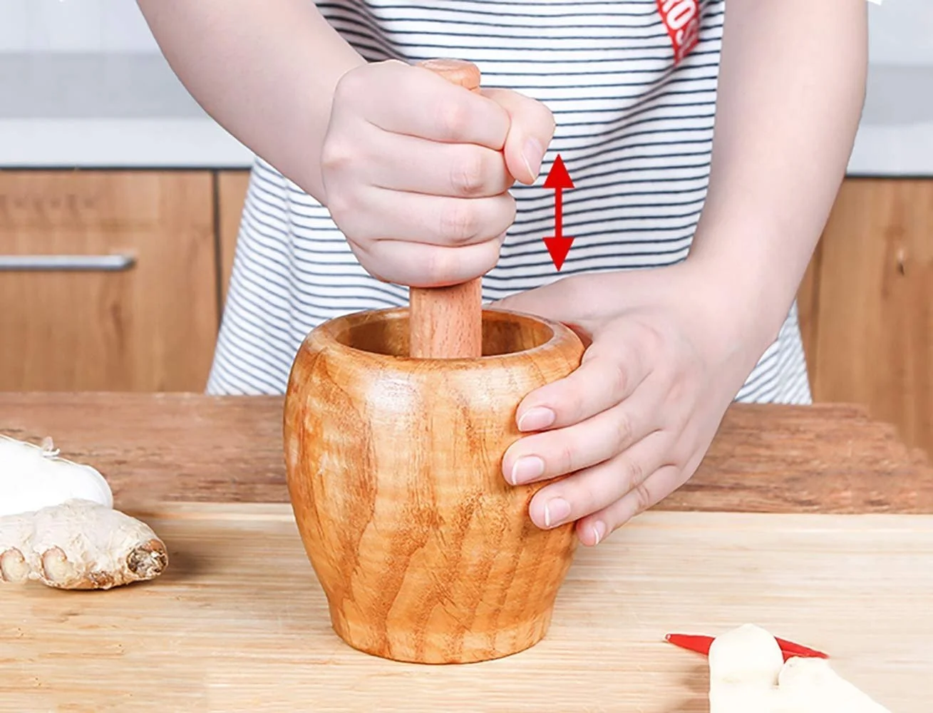 Ступка с пестиком Деревянная для чеснока Пюре Ручная Бытовая, фото №5