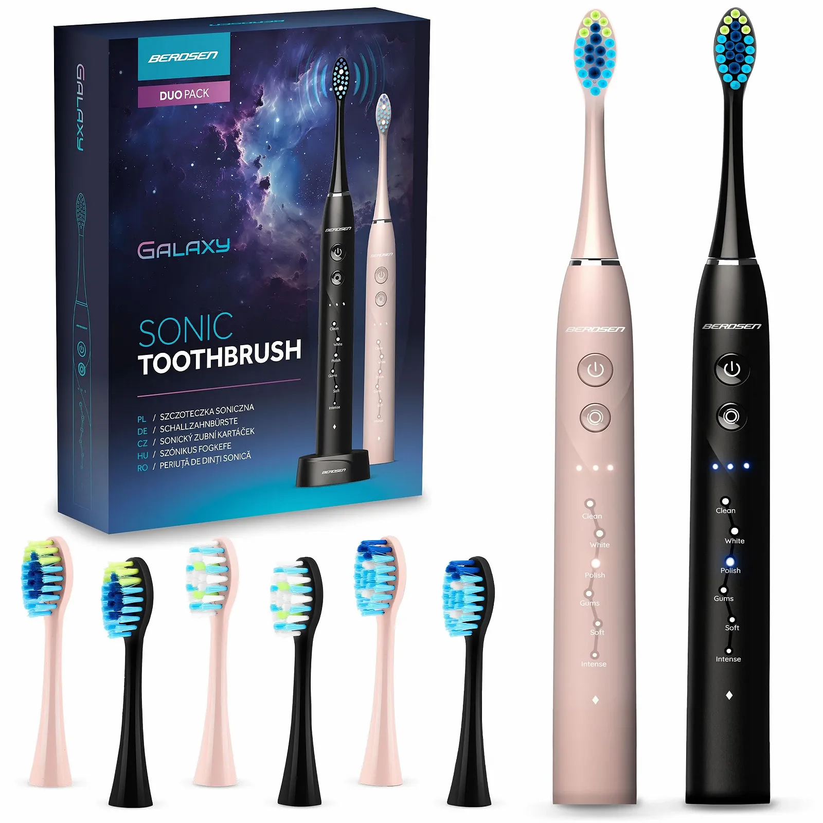 Электрическая звуковая зубная щетка Berdsen Twin Pack 6 режимов 3 уровня интенсивности 6 насадок Black - Pink, фото №1