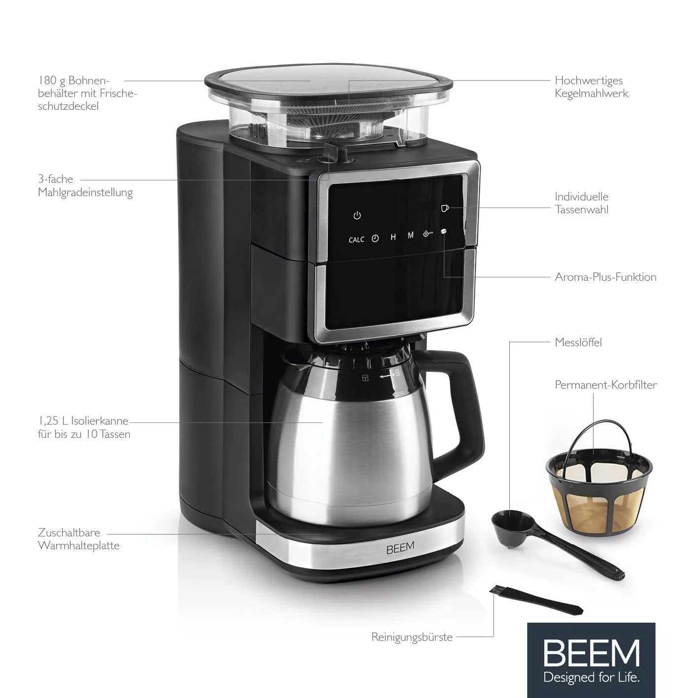 Фильтровая кофеварка с кофемолкой BEEM FRESH-AROMA-PERFECT III термо нержавеющая сталь 1000 Вт 10 чашек, фото №3