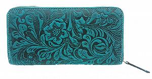 Кошелек Jockey Club Кожаный Женский Длинный на молнии с RFID защитой Liana Floral Motifs Petrol - Фото 1