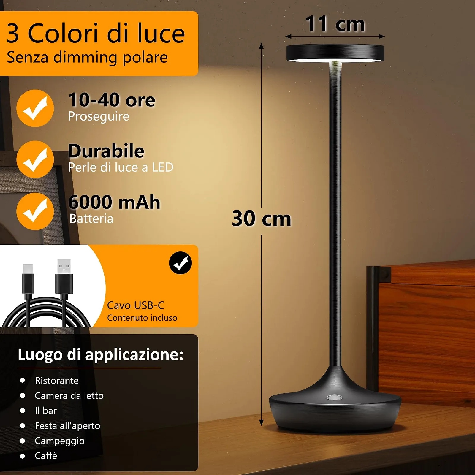 Настільна лампа LED Wireless 6000 мАг 3 кольори IP54 Чорна, фото №6