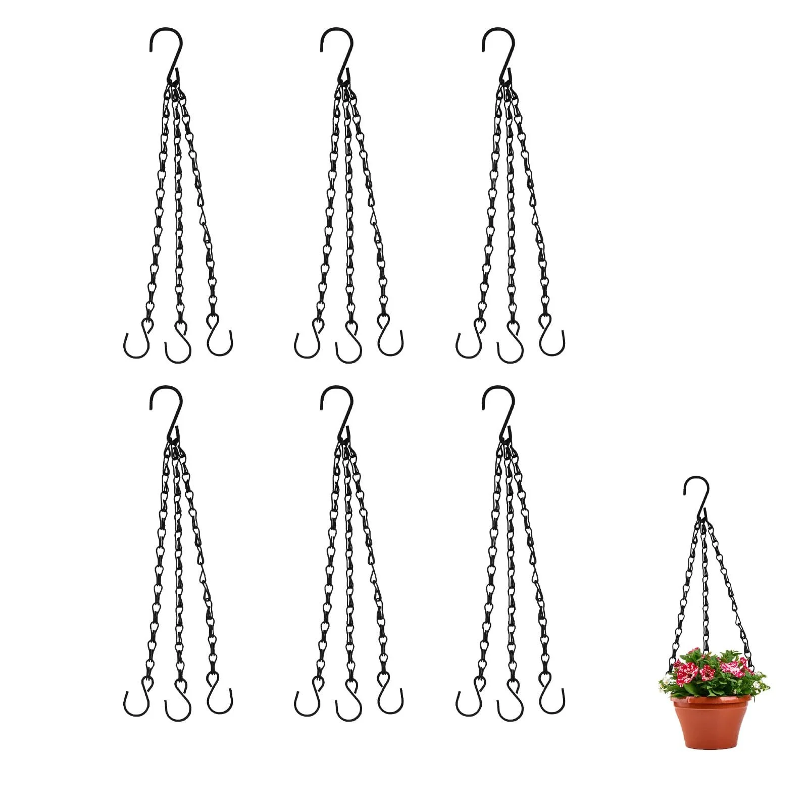 Набор цепочек для подвесных кашпо 6 шт. с S-образными крючками 3-точечный черный, фото №1