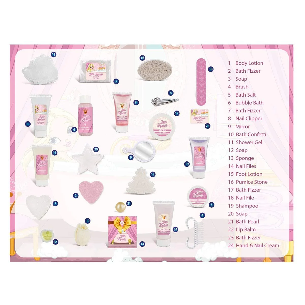 Адвент-календар Accentra Princess для дівчаток з 24 засобами для ванни та тіла, косметичними продуктами, фото №5