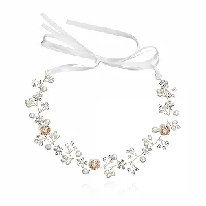 Венок для волос женский, свадебный, золотой, с жемчугом, стразами, цветами и лентой. - Фото 1