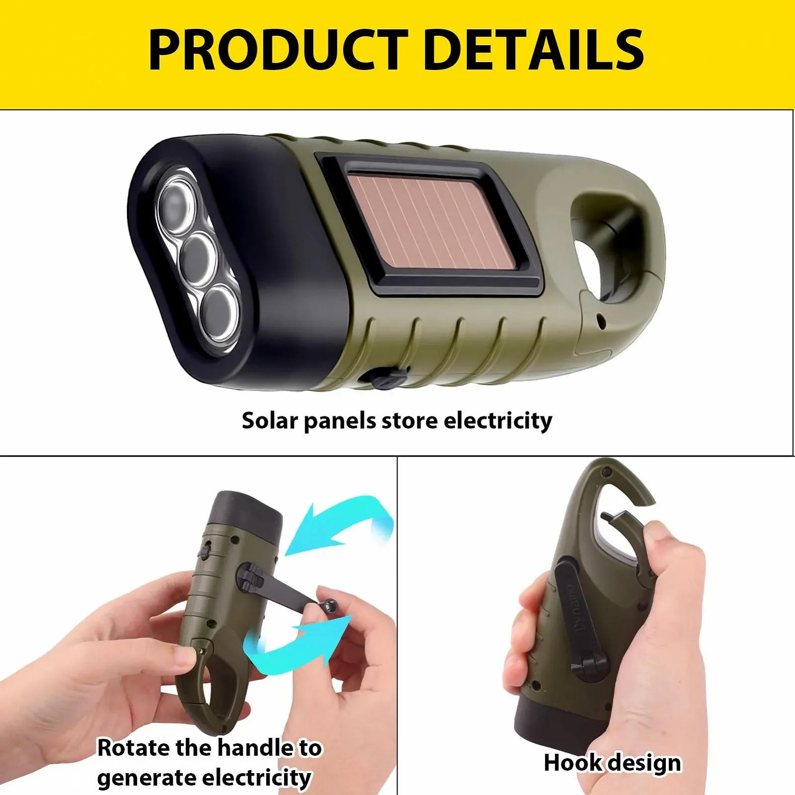 Ліхтар ручний з сонячною панеллю LED аварійний з ручкою та сонячною панеллю, водонепроникний для кемпінгу, походів, фото №4