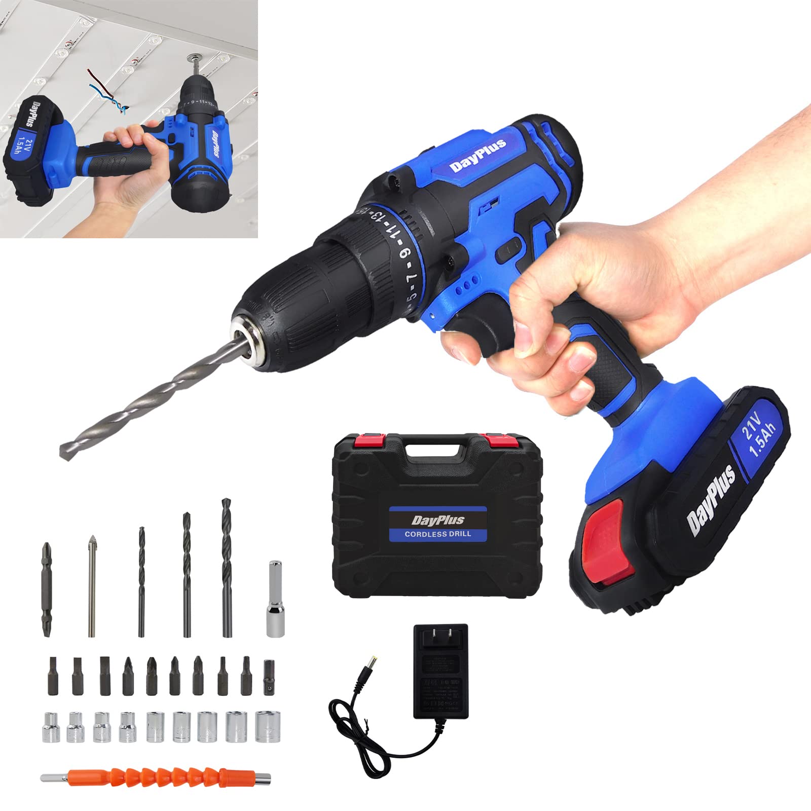 Аккумуляторная дрель 21 В 3/8 дюйма с батареями 1.5 Ah и зарядным устройством 45 Н.М 2 скорости 26 шт. с LED подсветкой, фото №1