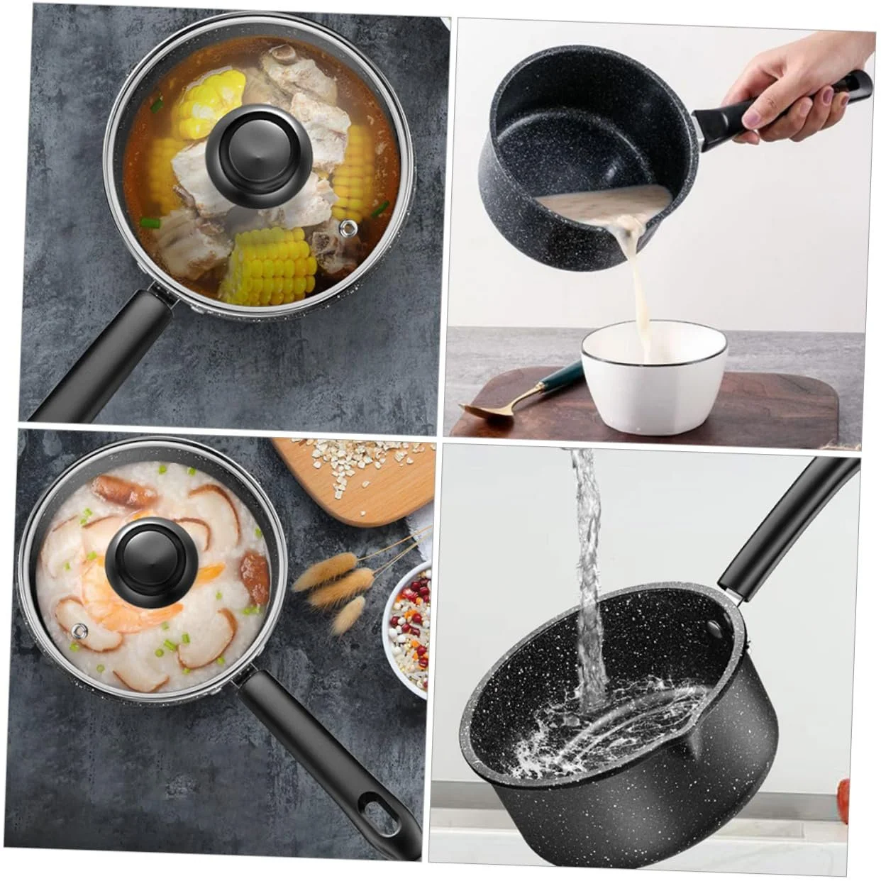 Ківш VALICLUD кам'яне покриття медичний камінь для супу та локшини з ручкою чорний, фото №4