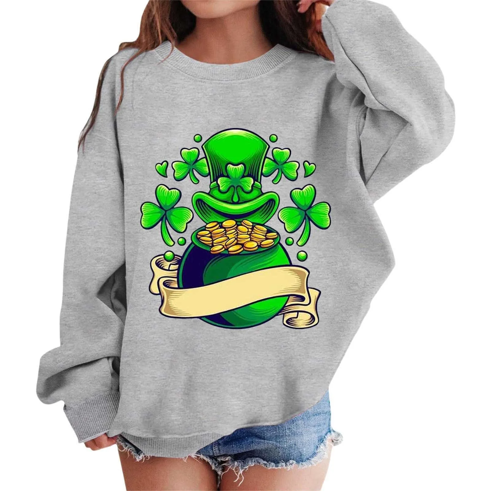 Пуловер для дівчат з графічним принтом на День Святого Патрика, круглий виріз, довгий рукав, фото №1