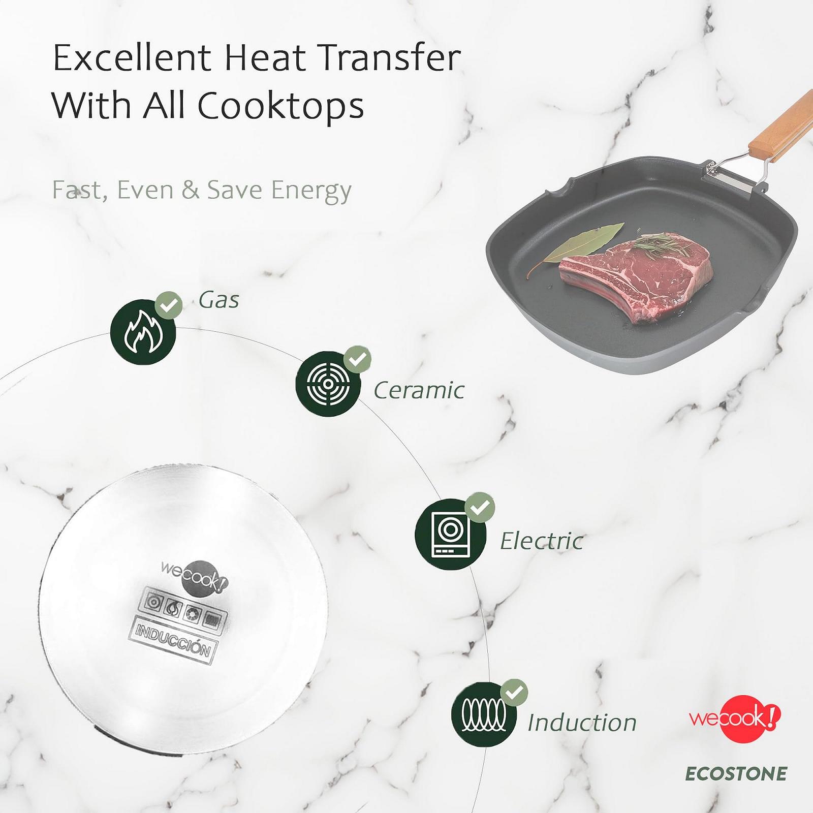 Сковорода-гриль WECOOK! Ecostone Индукционная гладкая, 20 x 20 см, антипригарное покрытие ILAG Ecological PFOA-Free, литой алюминий, толщина 5 мм, складная деревянная ручка, Vitroceramic, газ, фото №6