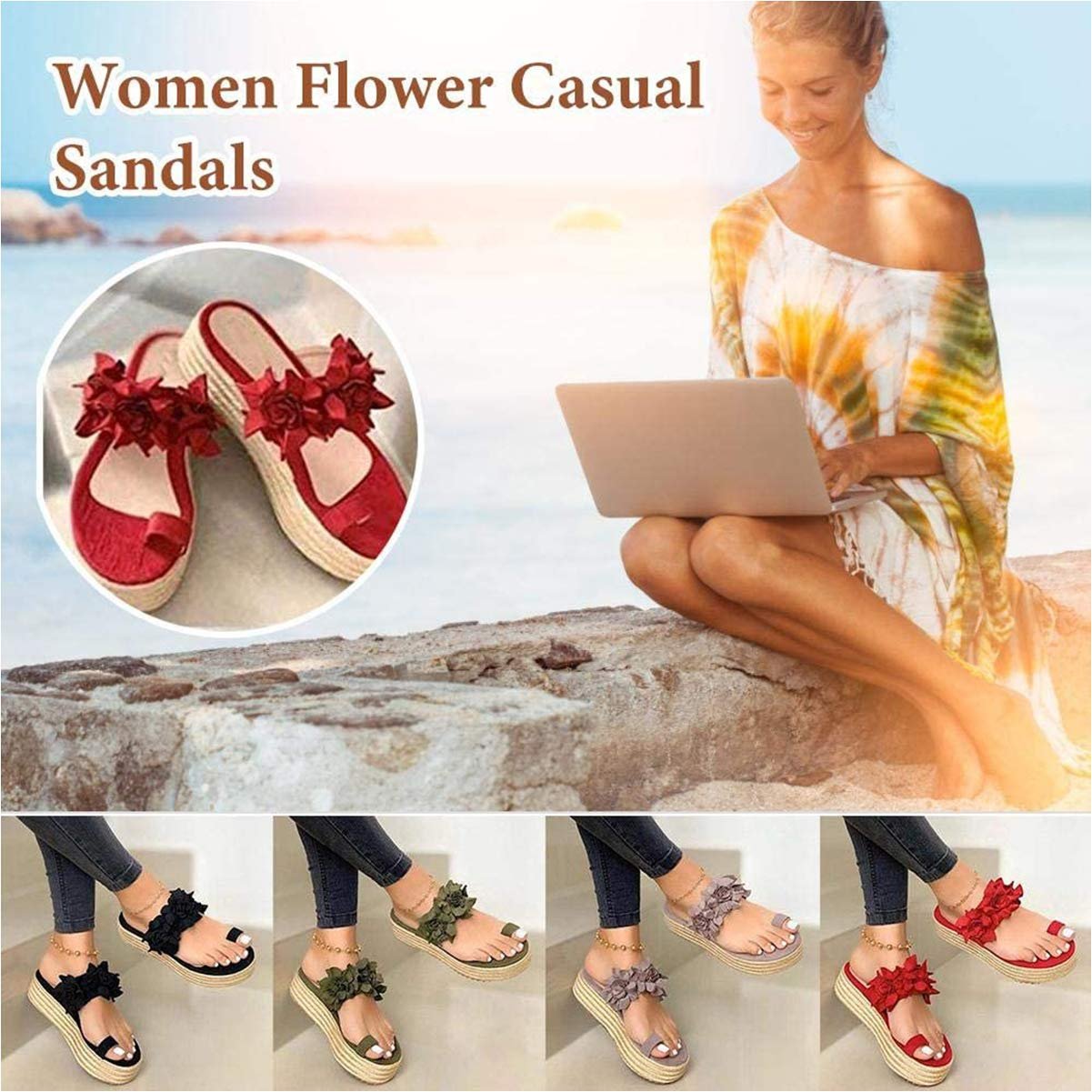 Женские шлепанцы CrEev Цветочный узор Платформа, фото №4