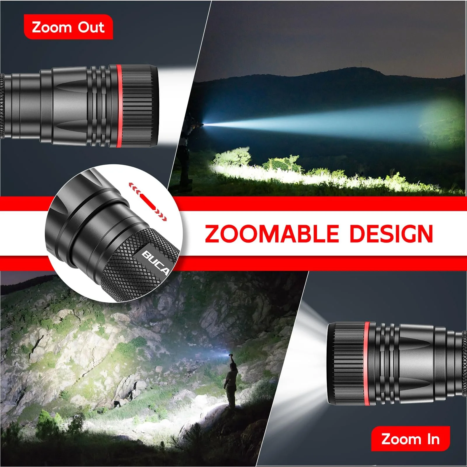 Фонарь LED Перезаряжаемый BUCASA 2000 люмен, 3 режима, Зум, Водонепроницаемый - 2 шт, фото №3