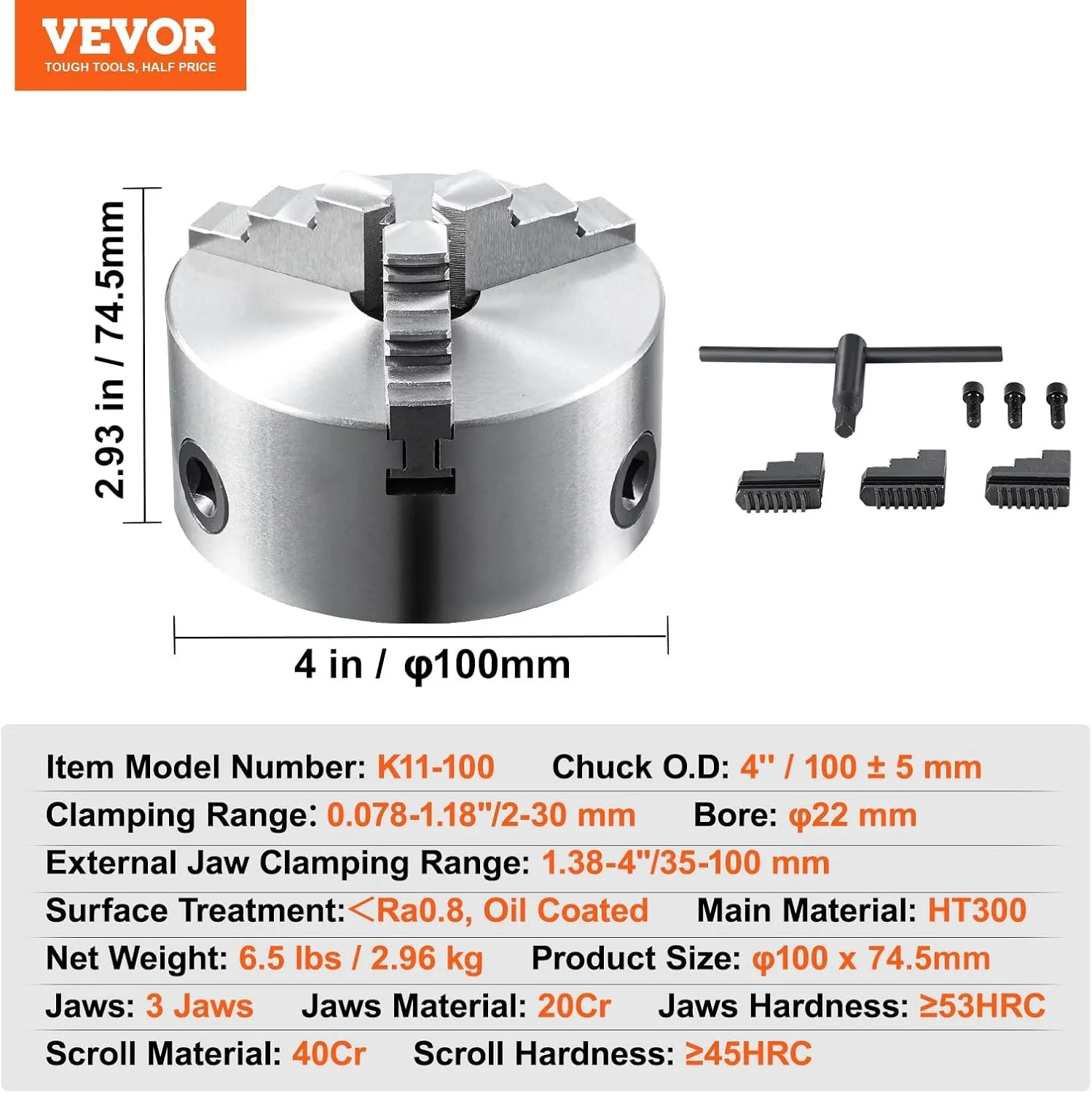 Токарний патрон VEVOR K11-100 100мм, фото №7