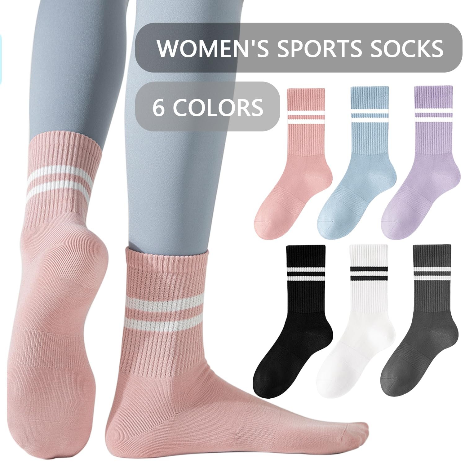 Женские спортивные носки Хлопковые теннисные носки Высокие носки до щиколотки Носки-следки Носки для бега Средние полосатые носки для повседневного отдыха Школы Тенниса Тренажерного зала Бега (EU35-40) 6 пар, фото №2