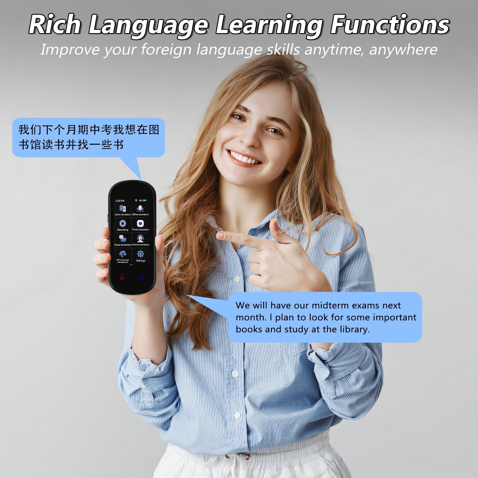 Інтелектуальний голосовий перекладач Z2 138 мов, 3-дюймовий HD сенсорний екран Акумулятор 1500 mAh WiFi, фото №6