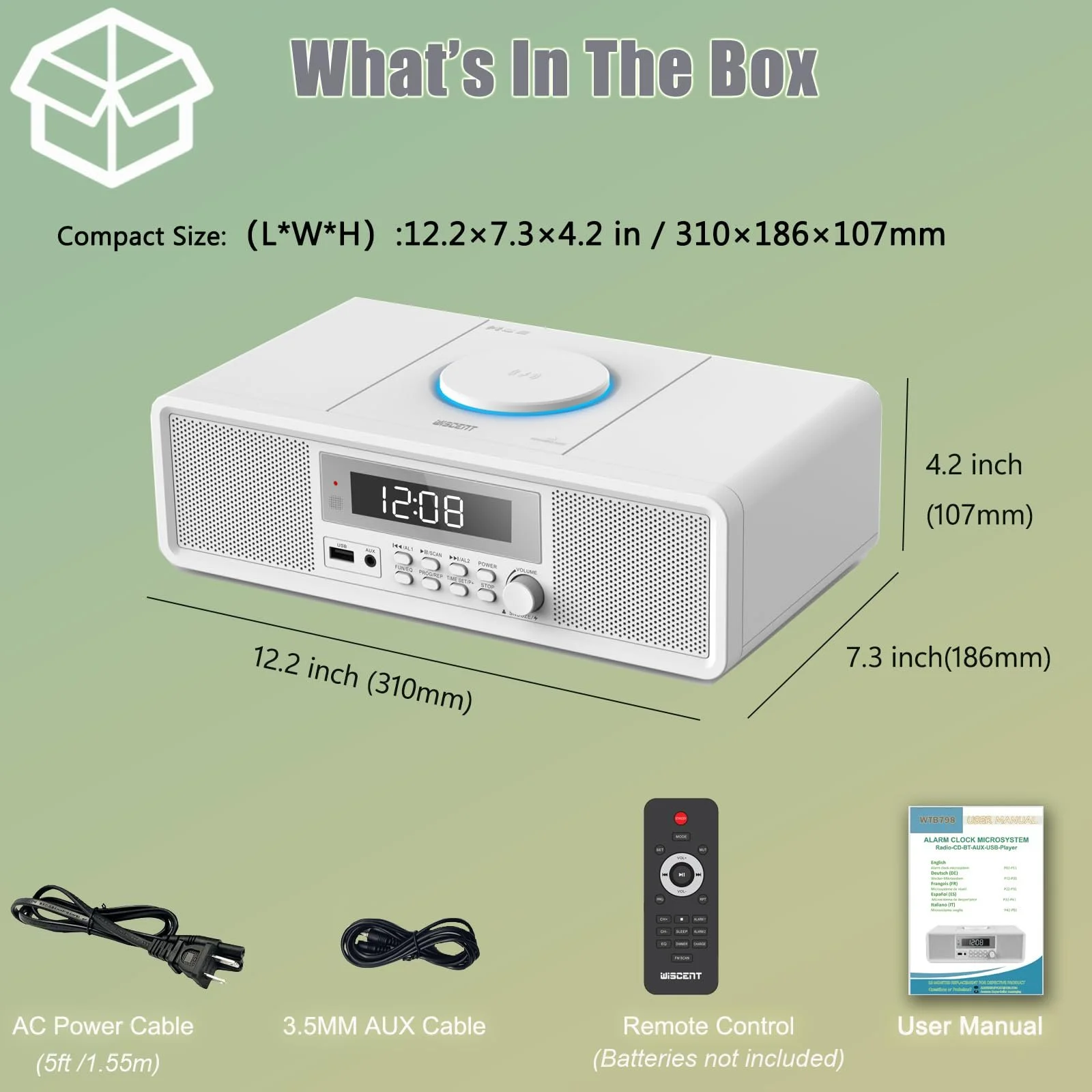 Компактное радио с CD-плеером, FM-радио, с Bluetooth, USB, MP3, AUX, цифровой двойной будильник, воспроизведение CD-R/CD-RW/MP3/WMA, фото №8