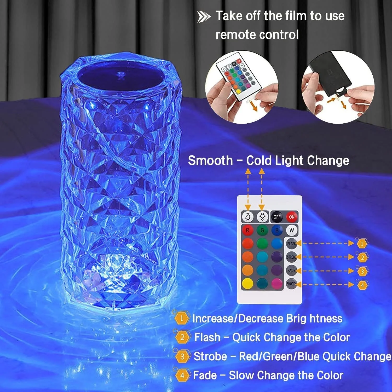 Настільна лампа LED Кришталева Алмазна Акрилова 16 кольорів 4 режими Дистанційне керування RGB USB Акумуляторна, фото №4