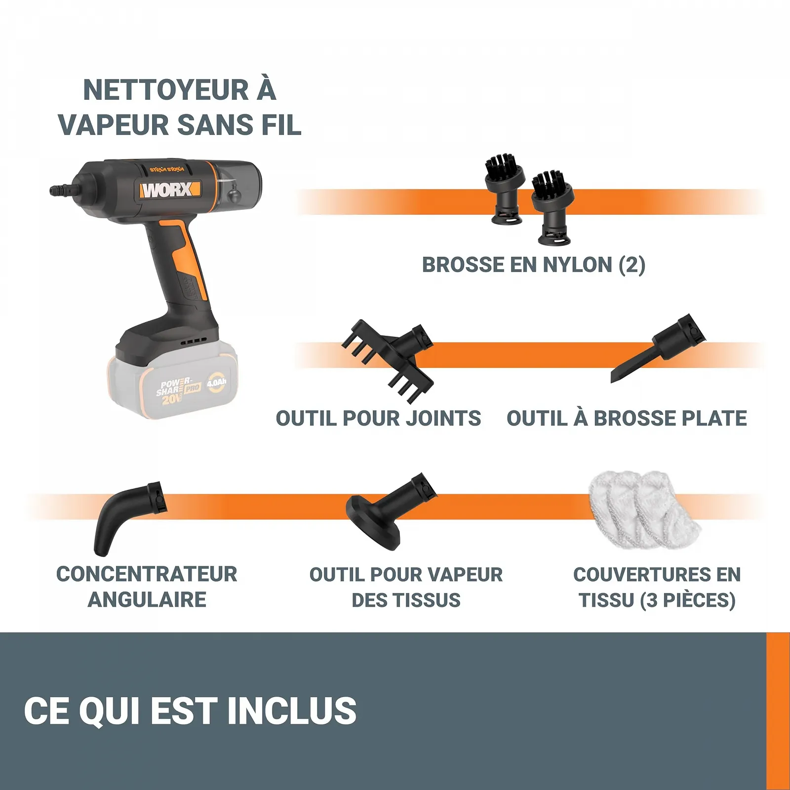 Бездротовий ручний пароочисник WORX 18V (20V MAX) WX770.9 220°F 8 секунд розігрів Без акумулятора та зарядного пристрою, фото №9