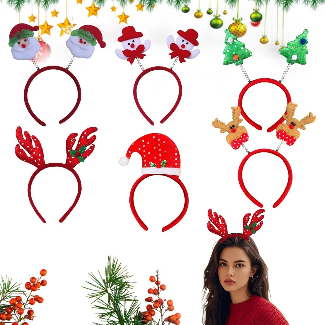 Набір із 6 Різдвяних прикрас для голови, обруч з оленячими рогами, фото №1 Набір із 6 Різдвяних прикрас для голови, обруч з оленячими рогами, фото №1