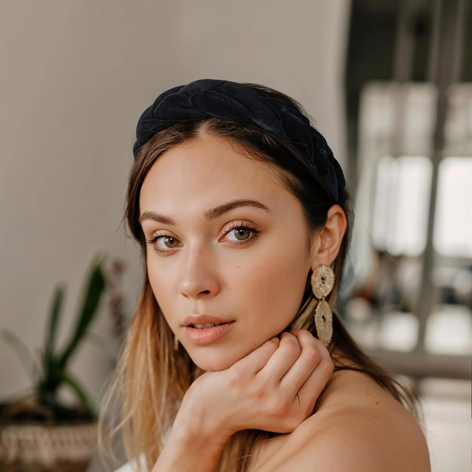 Обруч для волосся оксамитовий плетений чорний широкий, фото №3