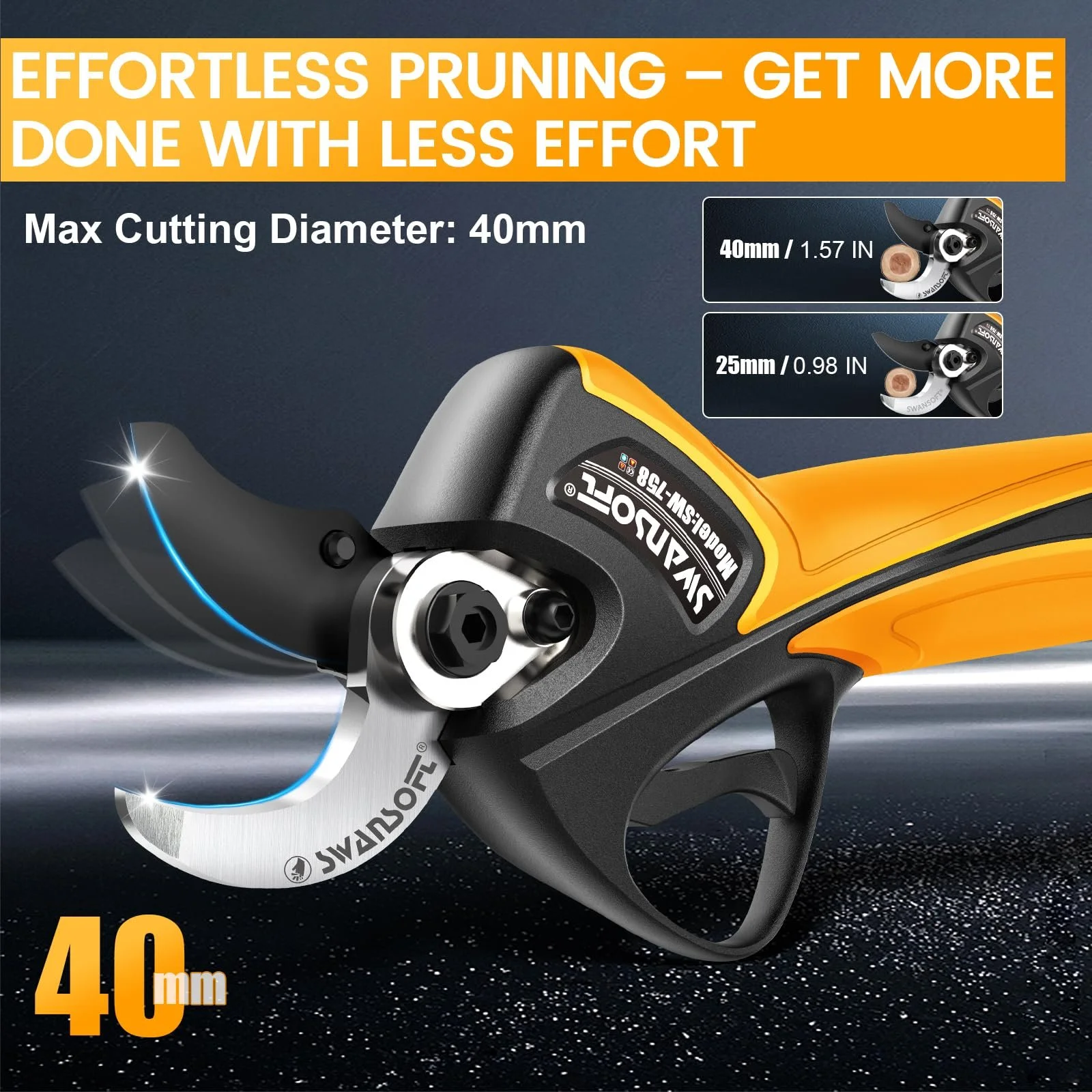 Секатор акумуляторний SWANSOFT 40 мм 21 В 1050 Вт з 2 акумуляторами 4 А·год, безщітковим двигуном, РК-дисплеєм і подовжувальним кабелем 1,2 м, жовтий, фото №4