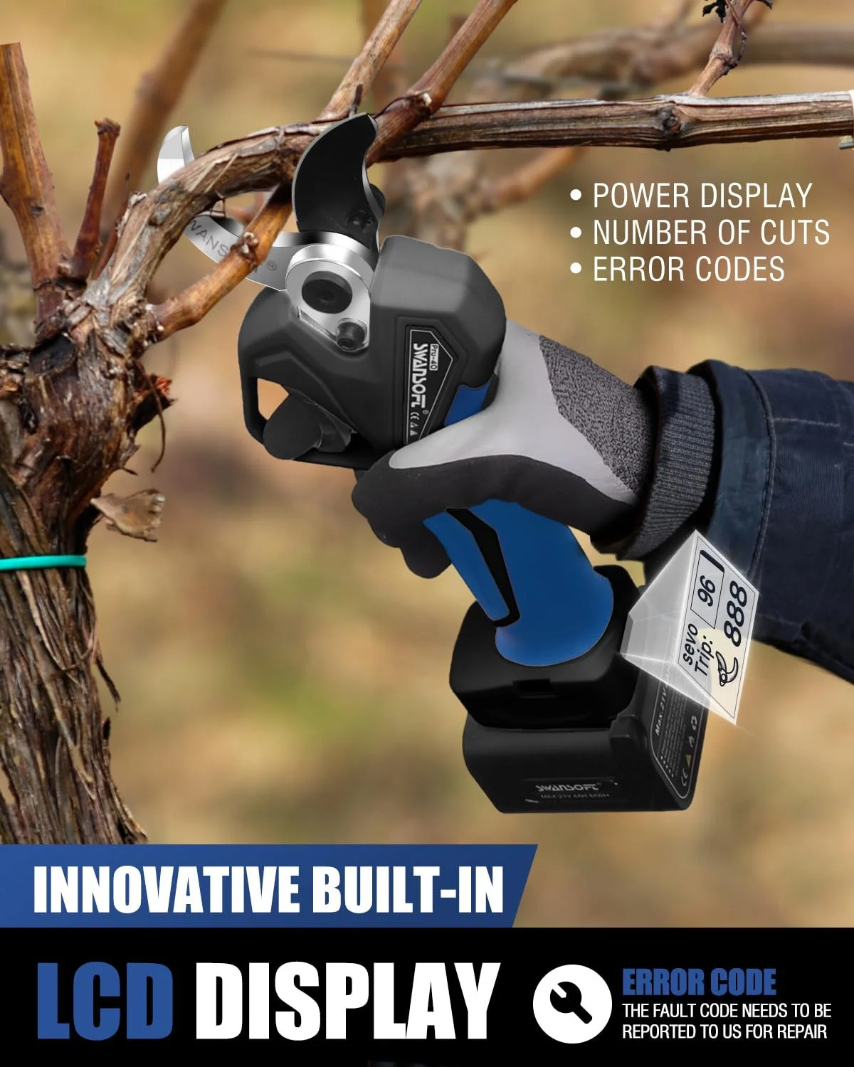 Секатор акумуляторний SWANSOFT PRU40, 40 мм, 21 В, 1050 Вт, 4 А·год x 2, синьо-чорний, фото №6