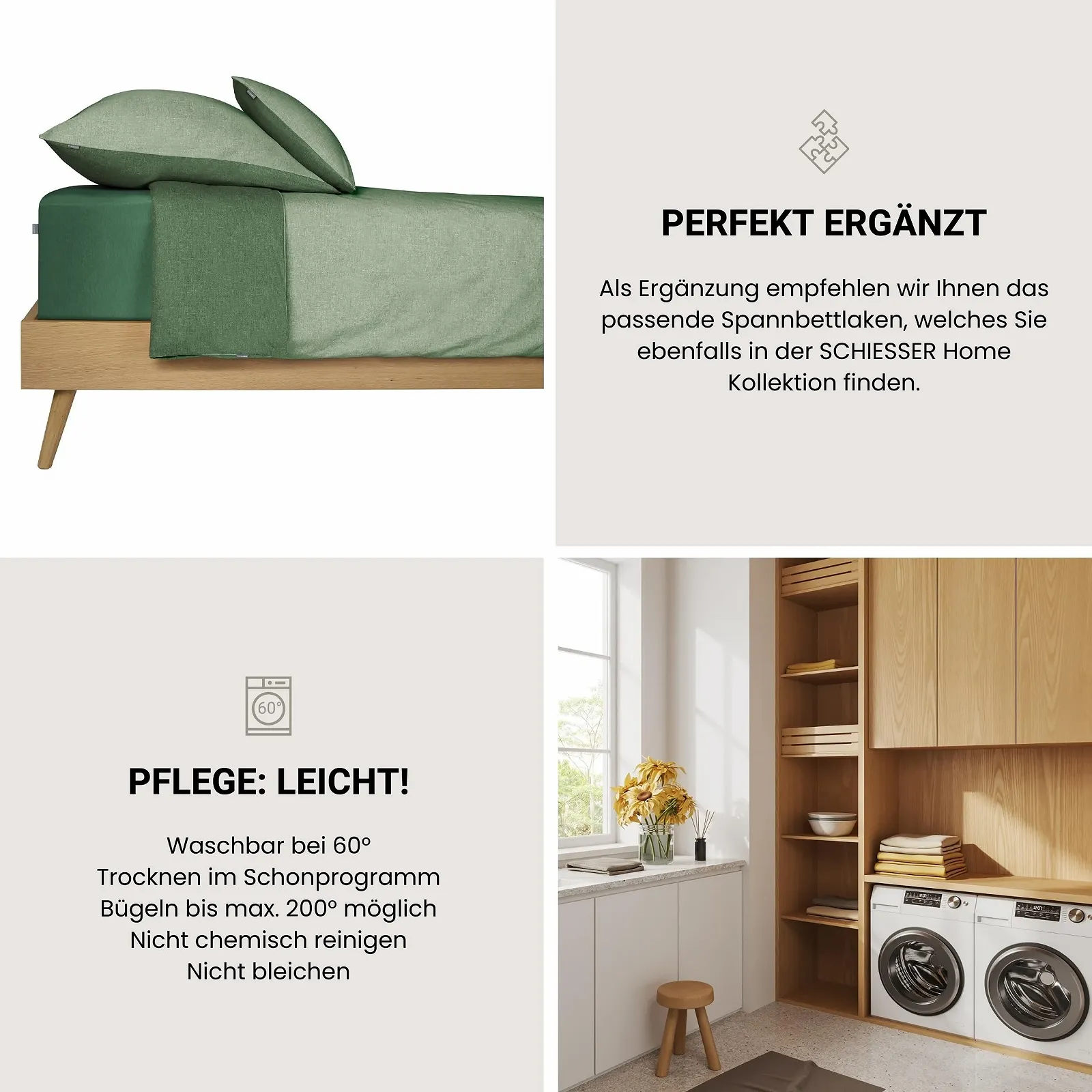 Комплект постільної білизни Schiesser Двосторонній 2 предмети Renforcé 100% Бавовна Oeko-Tex На блискавці 135 х 200 см + 80 х 80 см Зелений, фото №5