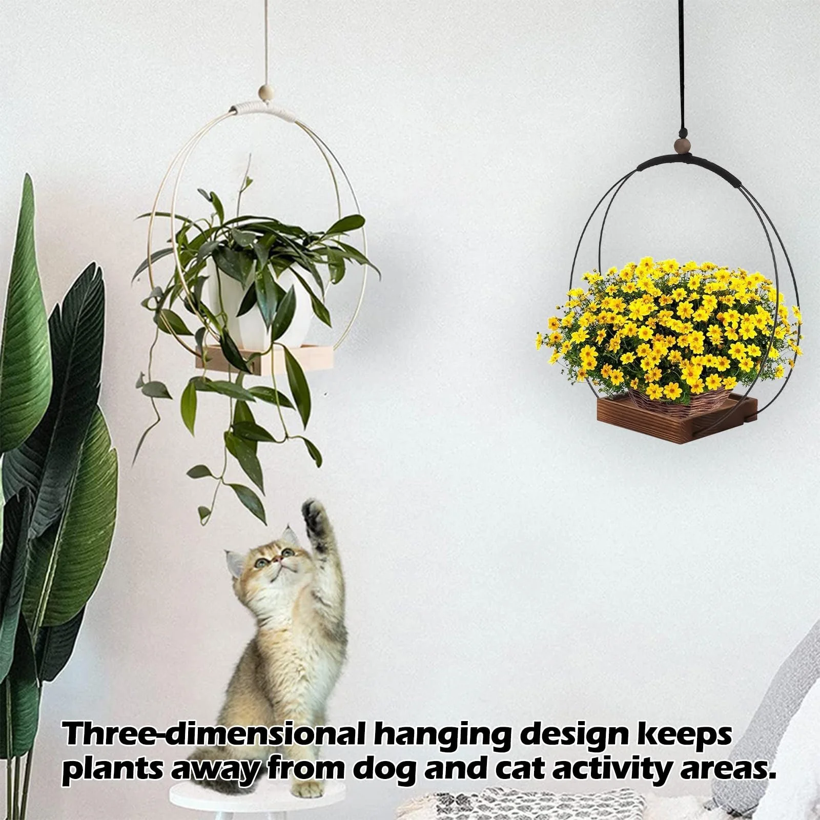 Подвесная корзина для растений с деревянным основанием 5 дюймов металлическая 2 шт., фото №5