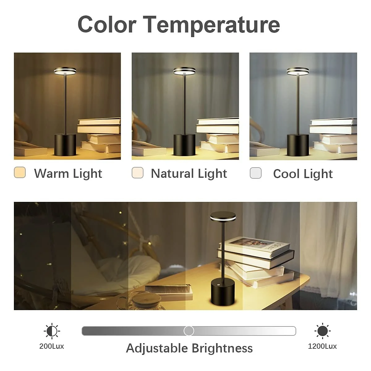 Настільна лампа Hapfish LED Wireless Battery 5000 mAh Touch Dimmable Rechargeable Aluminium 3 Colour Temperatures Black, фото №4