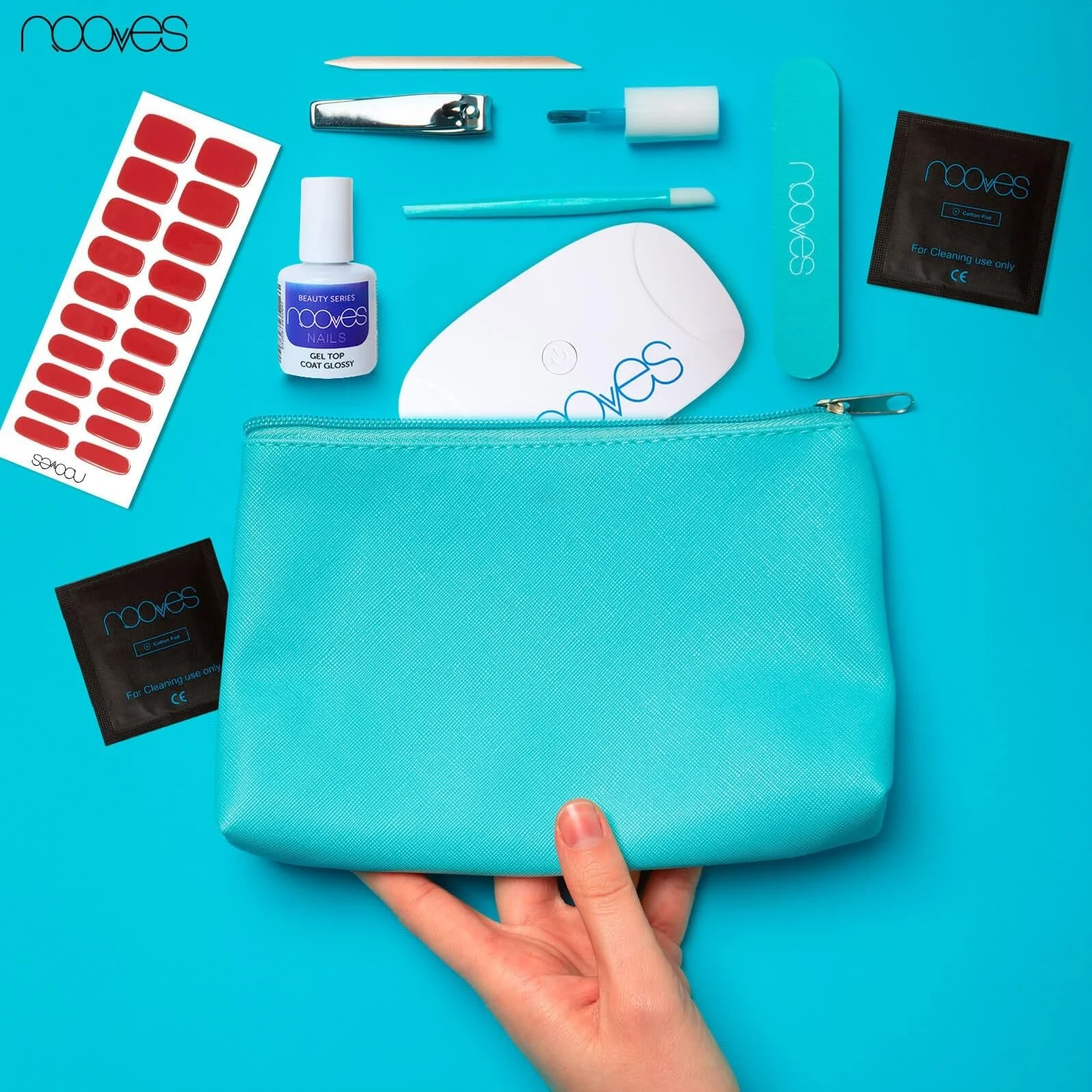 Гель-лак Наклейки NOOVES + Лампа для сушки | Упаковка из 20 красных полугелевых и веганских листов с пилочкой и апельсиновой палочкой, фото №5