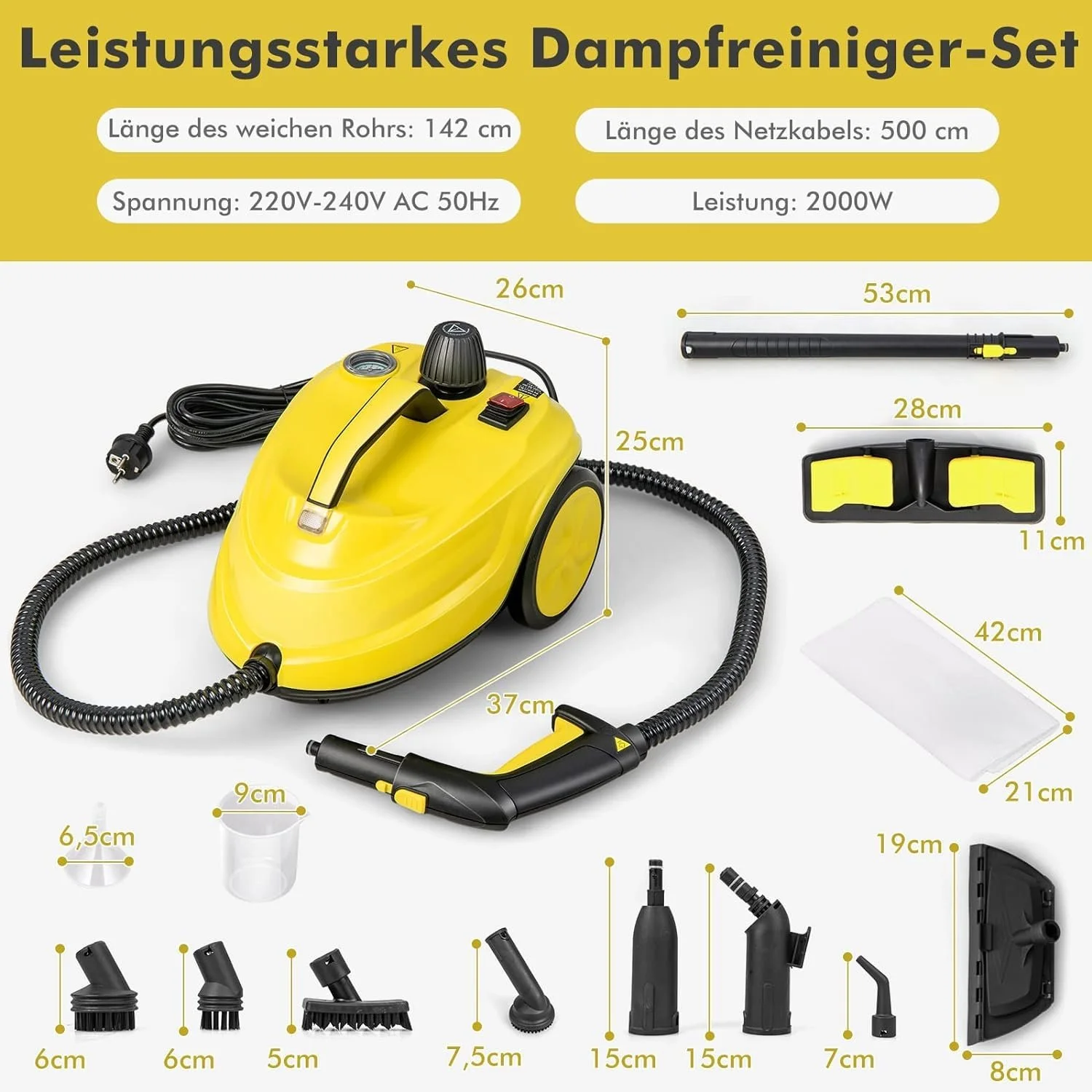 Пароочисник FANTASK 2000 W 5 бар 1.8 л Жовтий, фото №6