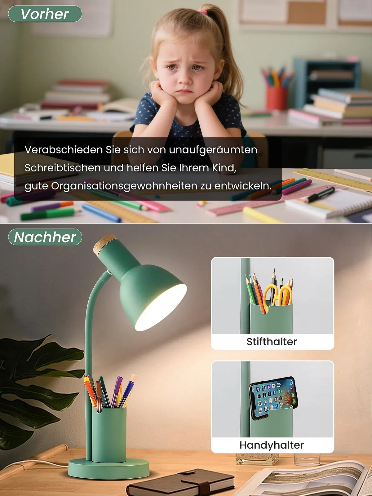 Настільна лампа LED З тримачем для ручок 3 режими кольору Металева Зелена, фото №4