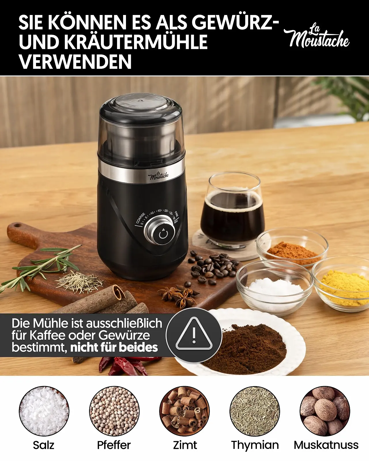 Электрическая кофемолка La Moustache GrindMini Black, 150 Вт, лезвия из нержавеющей стали, вместимость 80 г, регулируемый помол от 5 до 30 секунд, тихая 60 дБ, фото №7 Электрическая кофемолка La Moustache GrindMini Black, 150 Вт, лезвия из нержавеющей стали, вместимость 80 г, регулируемый помол от 5 до 30 секунд, тихая 60 дБ, фото №7