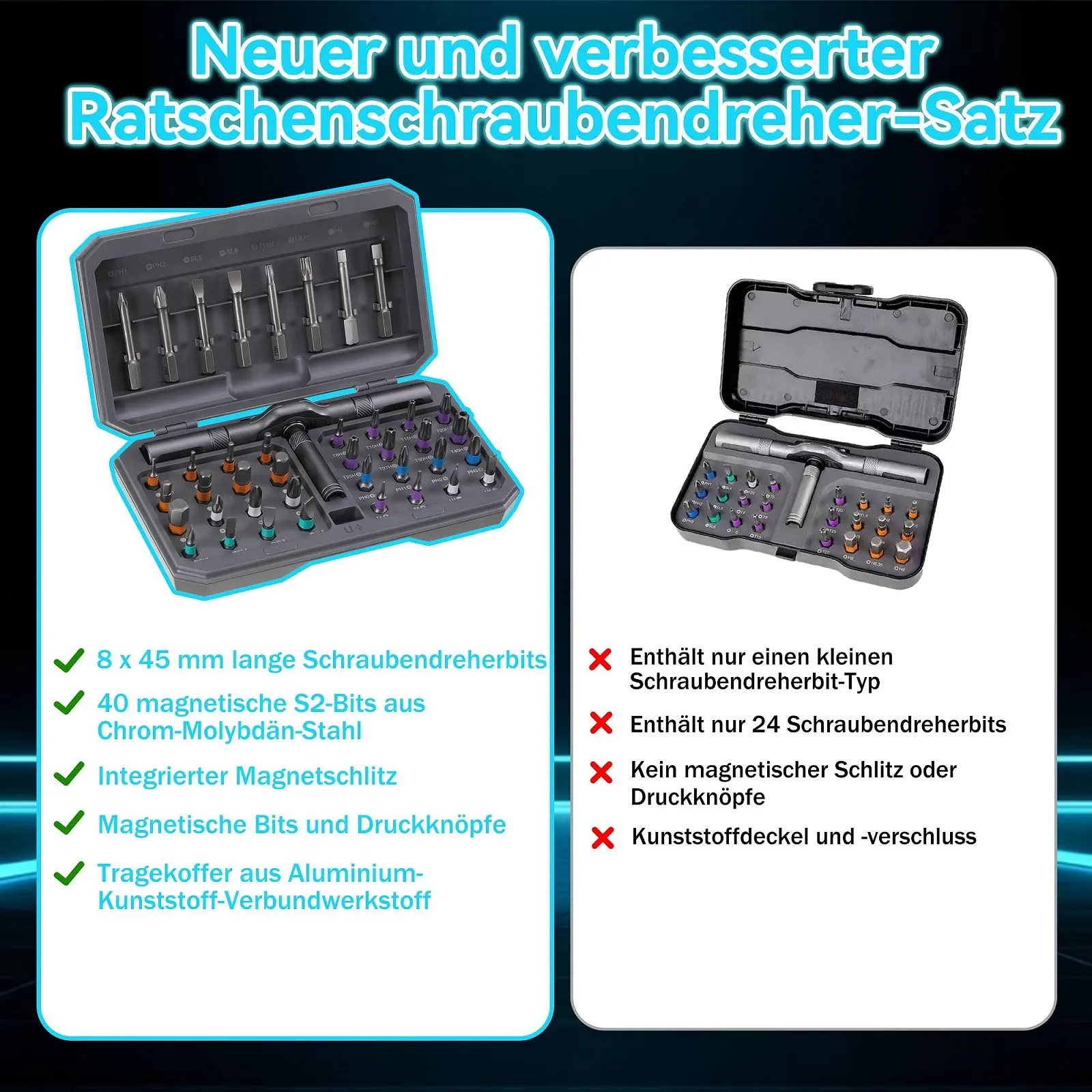 Набір магнітних реверсивних викруток 42-в-1 з Т-подібною ручкою та 40 бітами, фото №4
