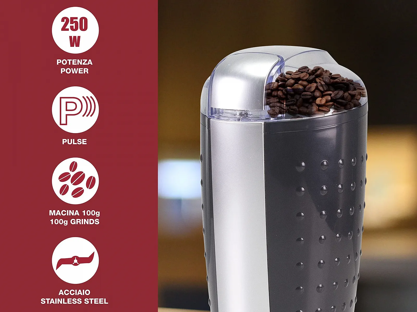 Кофемолка BEPER BP.581 100 г, черно-серебристая, фото №2 Кофемолка BEPER BP.581 100 г, черно-серебристая, фото №2