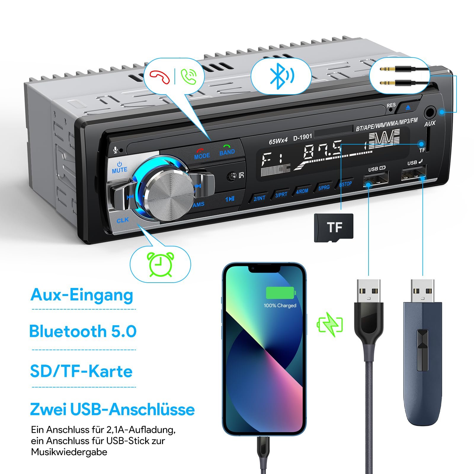Автомагнітола CENXINY Bluetooth 5.0 RDS 1 DIN 4 x 65 Вт з годинником/пультом дистанційного керування, MP3-плеєр, 2 USB/AUX входи/TF/SD/FM/iOS Android (без CD), фото №2