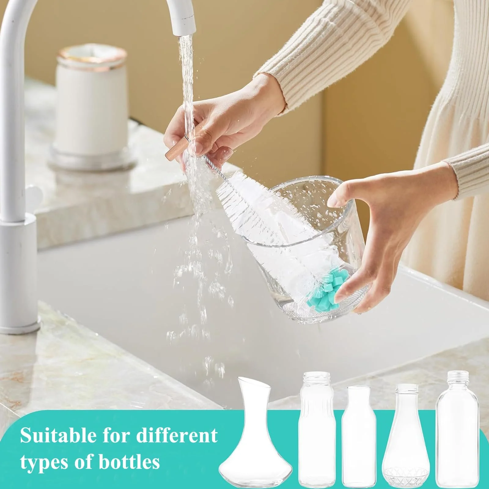 Щітка для пляшок 32 см з дерев'яною ручкою та губкою для SodaStream та скла, фото №6