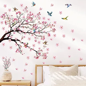 Наклейка на стіну Гілка квітучого персика та птахи Рожева - Фото 1