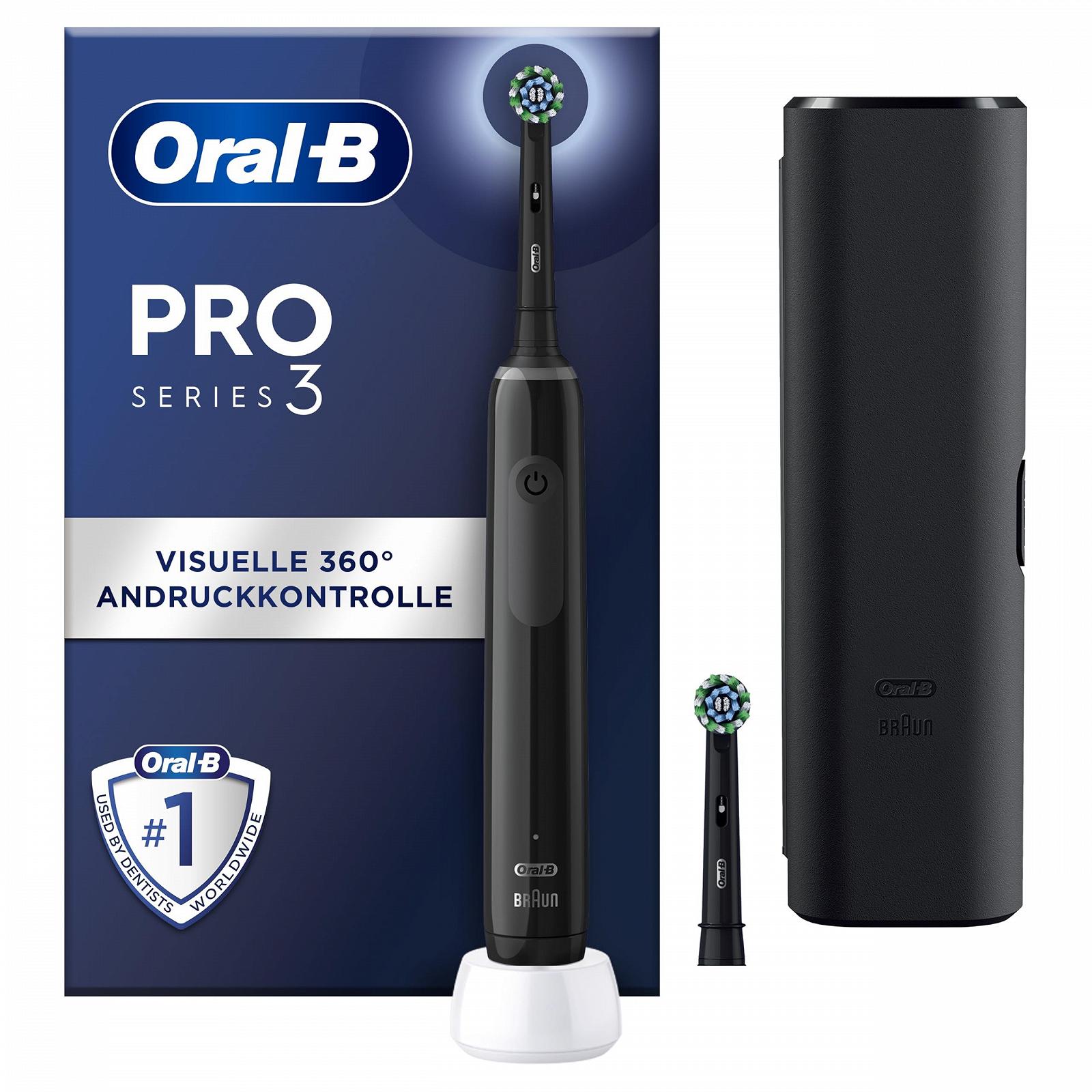 Електрична зубна щітка Oral-B Pro Series 3, 3 режими чищення, 360° контроль тиску, 2 змінні насадки, 1 дорожній футляр, чорний, фото №1