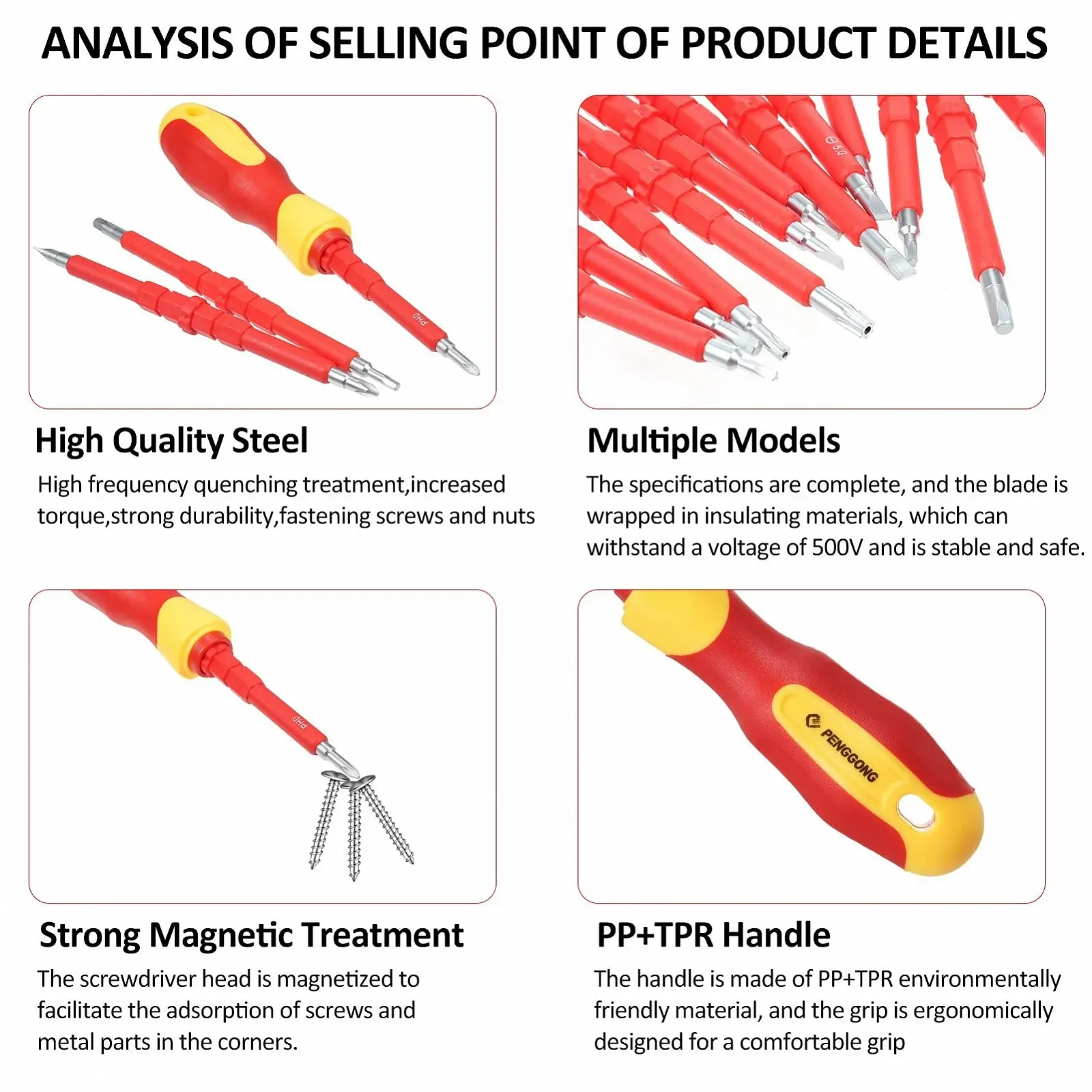 Набір ізольованих викруток 500В 12 предметів з двосторонніми насадками та тестером напруги, фото №4