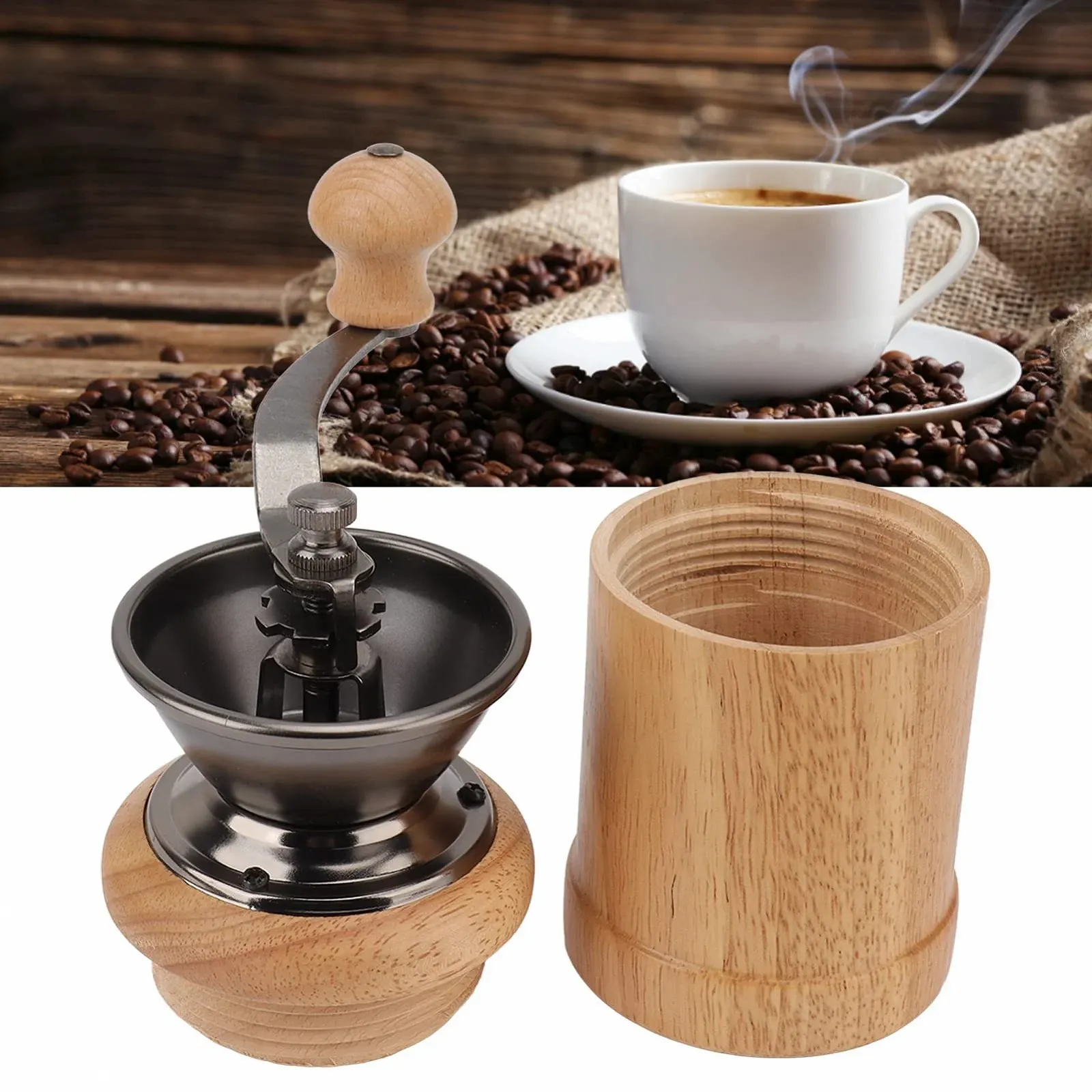 Ручная кофемолка Eiche Edelstahl Retro, эргономичная ручка, портативная, коническая, светлое дерево, фото №2