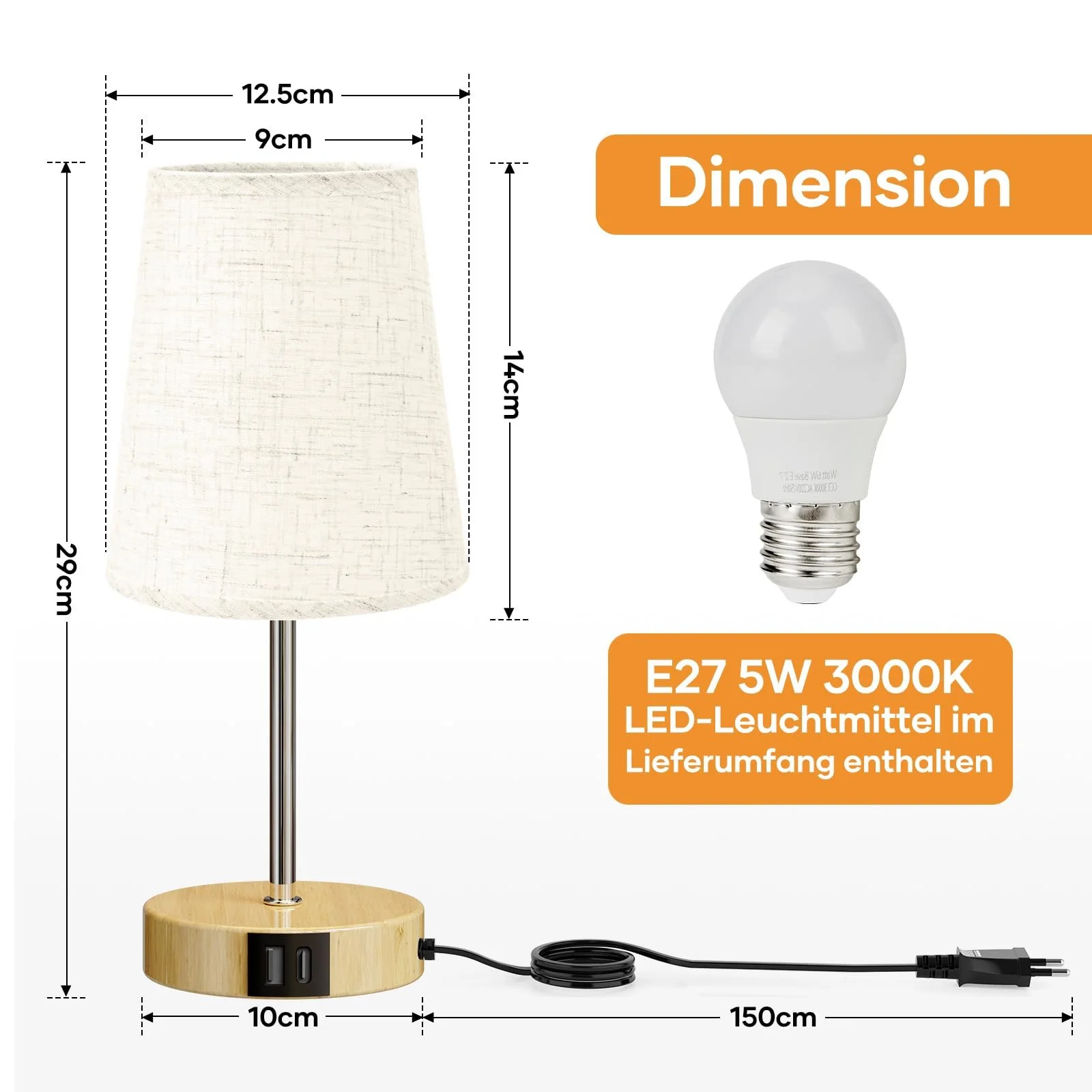 Приліжкова лампа Suright сенсорна диммована USB A+C лляний абажур дерев'яна основа LED лампа в комплекті, фото №6